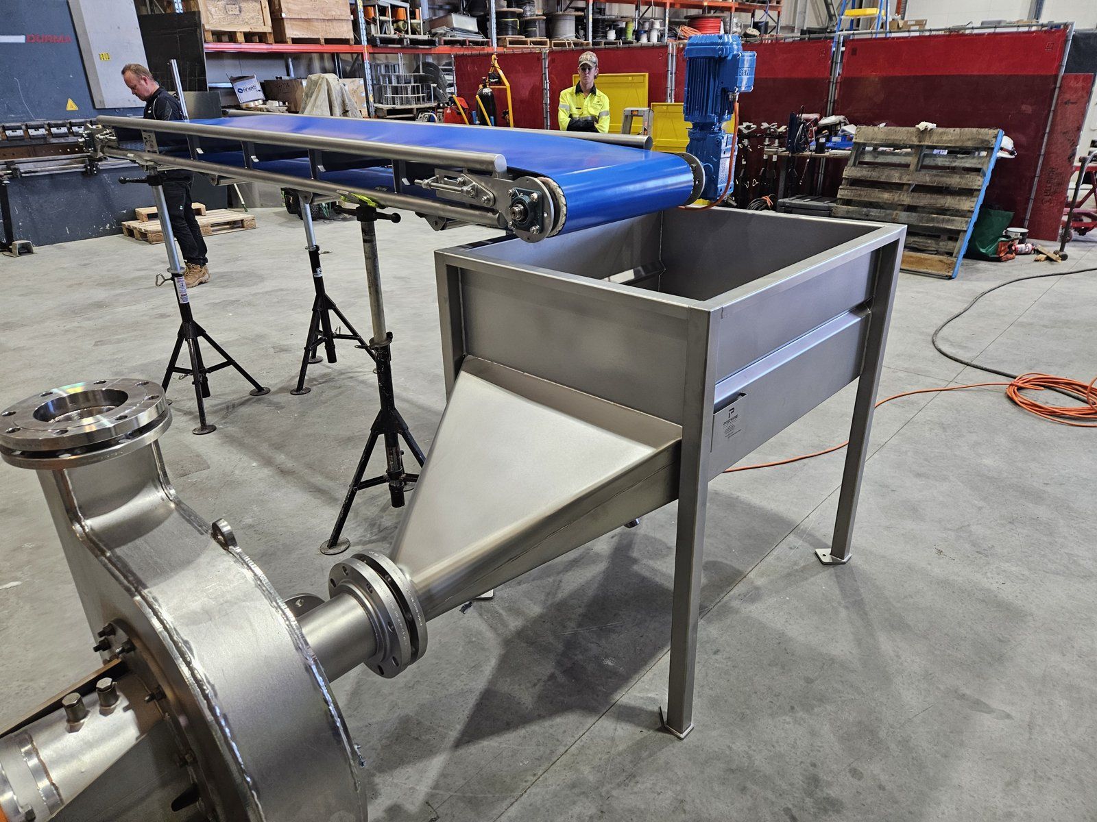 Stainless ADR wipe-off conveyor and hopper in the Ulverstone workshop