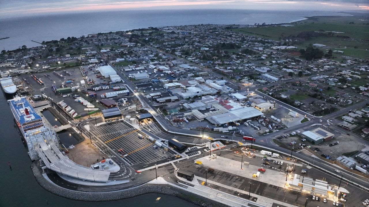 Aerial view of the new Devonport T3 terminal at dusk